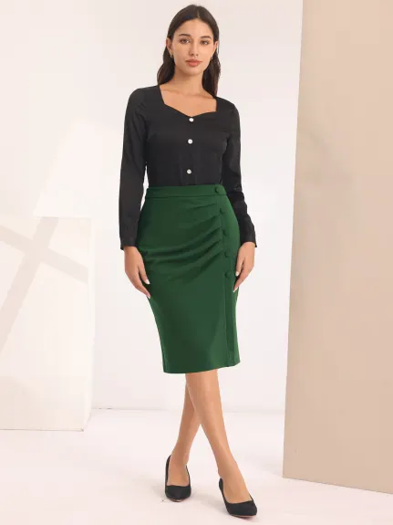 Hobemty- High Waist Pleated Front Midi Pencil Skirt