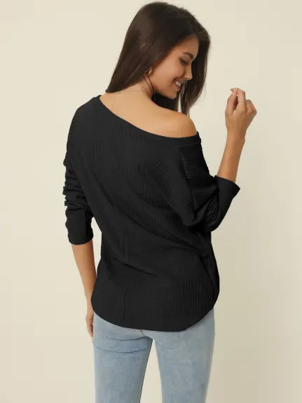 Allegra K- V Neck Waffle Knit Long Sleeve Slim Fit Top