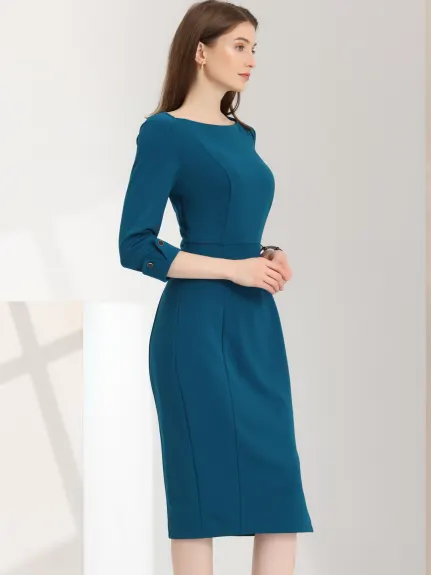 Allegra K- Boat Neck 3/4 Sleeves Midi Split Sheath Dress