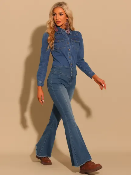 Allegra K- Bell Bottom Jeans Pantalon en denim évasé classique taille haute