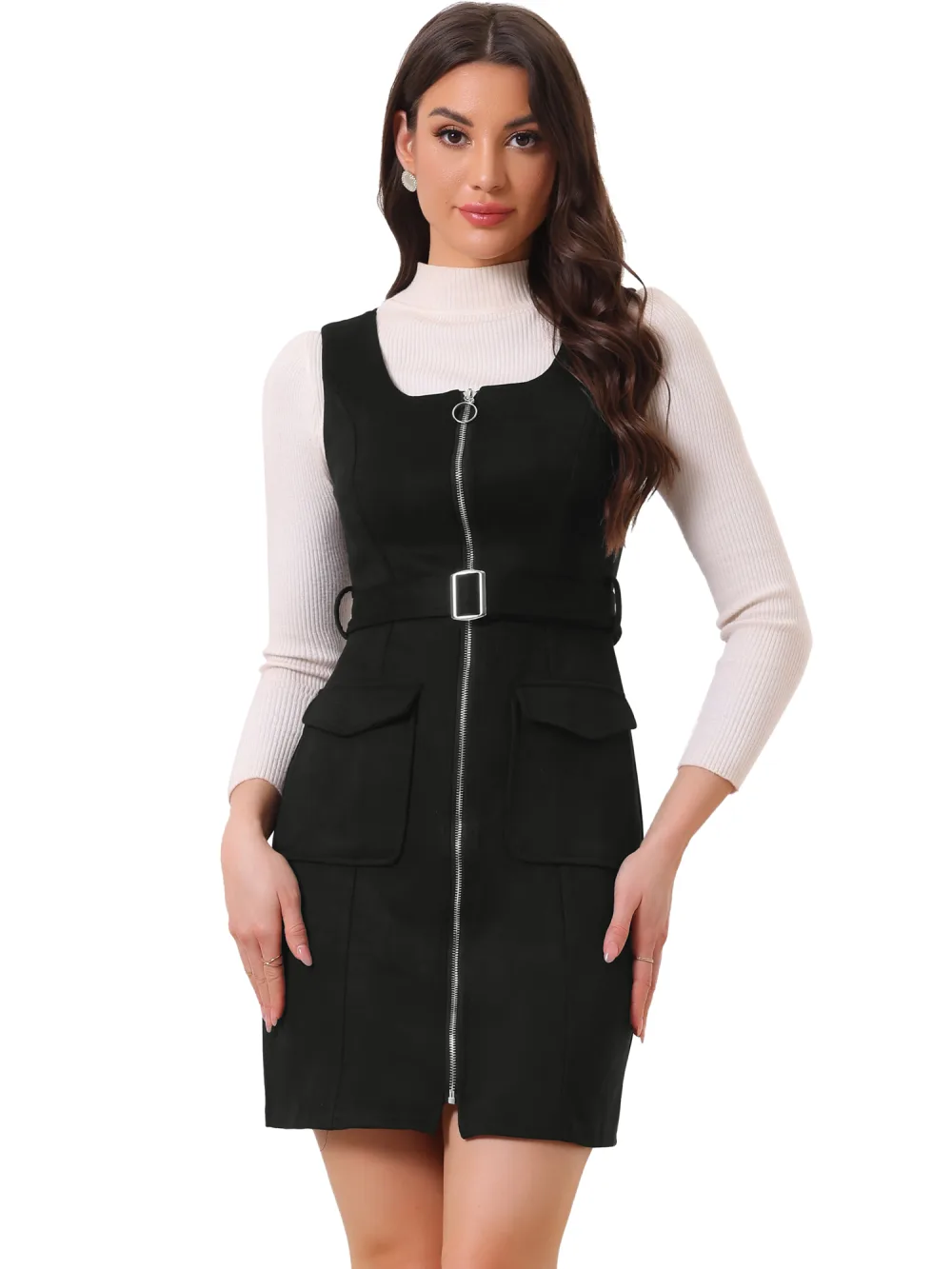 Allegra K - Zip-up Belted Faux Suede Overalls Dress