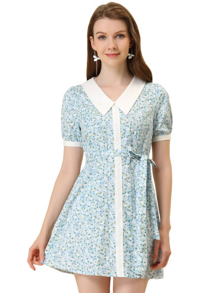 Allegra K- Cotton Collared Floral Print Button Down Belted Waist Dress