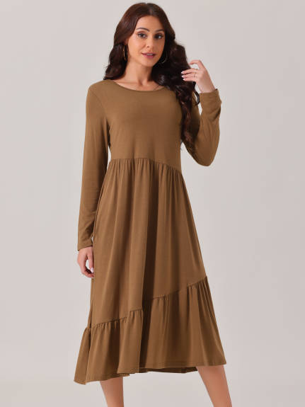 Allegra K - Long Sleeve Pleated Tiered Swing Dress