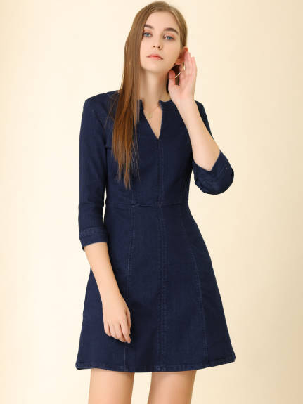 Allegra K- Stretchy Split Neck 3/4 Sleeve Denim Dress