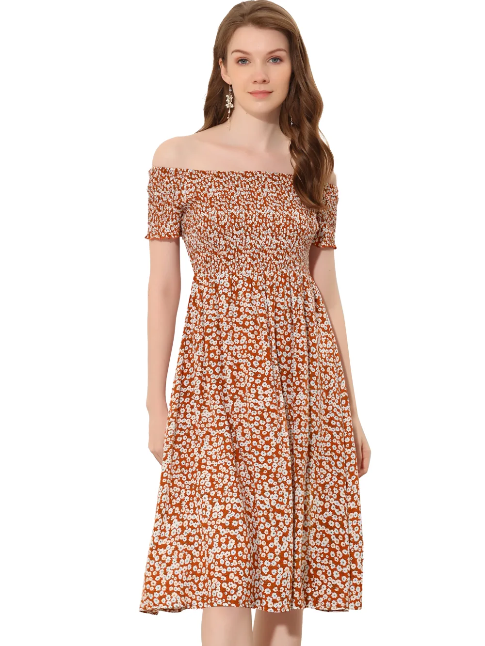Allegra K- Floral Print Off Shoulder High Split Dress