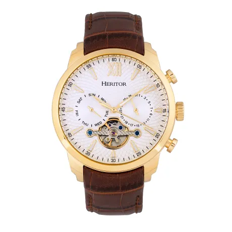 Montre automatique Heritor Arthur semi-squelette avec bracelet en cuir avec jour/date - Or/Argent