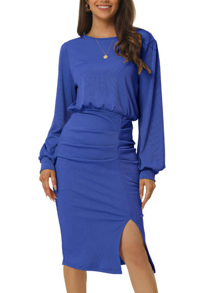 Allegra K- Ruched Side Slit Lantern Sleeve Ribbed Knit Bodycon Midi Dress