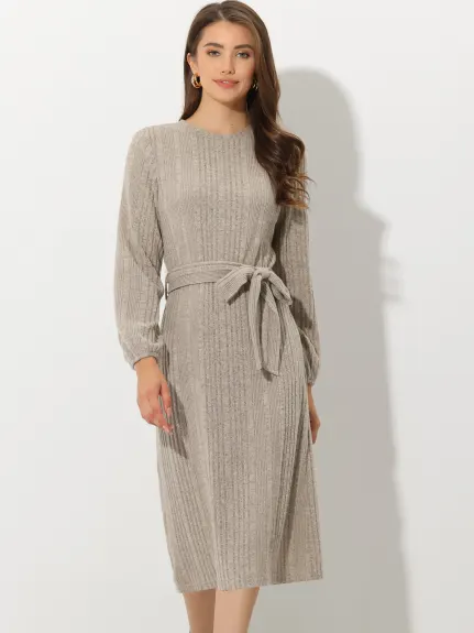 Allegra K- Crew Neck Ribbed Knit Tie Waist Fall Sweater Midi Dress