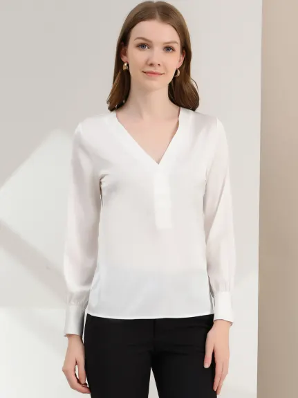 Allegra K - Elegant Satin Long Sleeve Solid Work Blouse