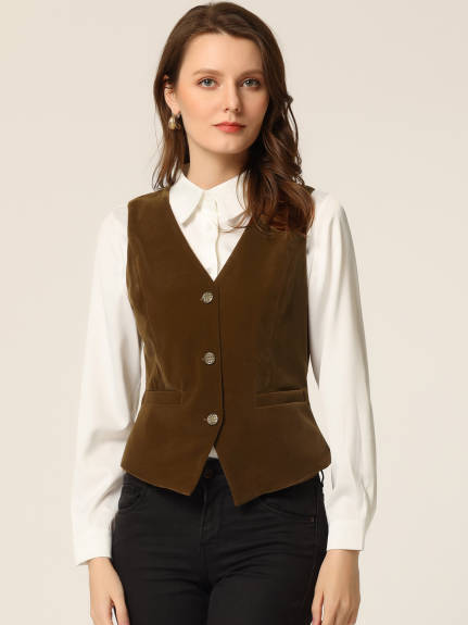 Allegra K- Steampunk Velvet Sleeveless Button Down V-Neck Suit Vest