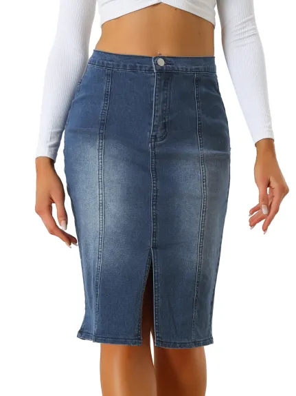 Allegra K- Jupe crayon en denim fendue à taille élastique