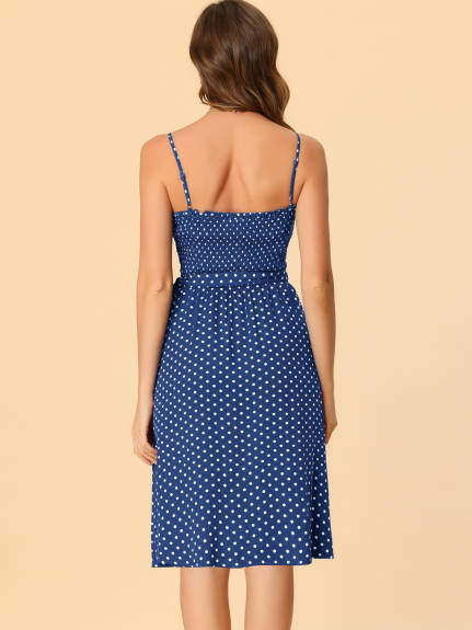 Allegra K- Polka Dots Tie Waist Smocked Spaghetti Strap Dress