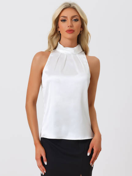 Allegra K - Satin Sleeveless Tie Neck Work Blouse