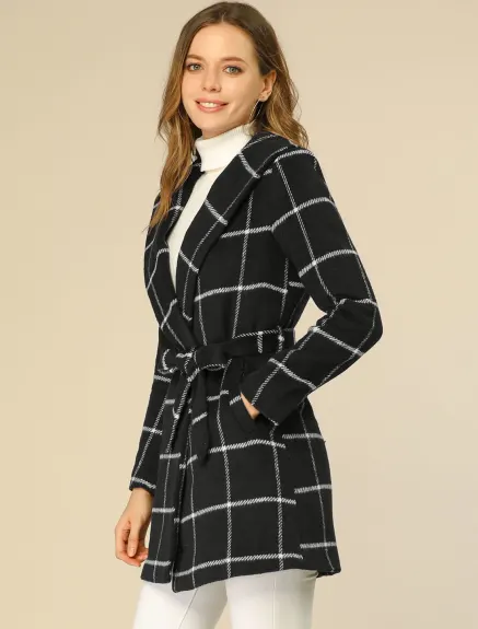 Allegra K- Plaid Shawl Collar Belted Wrap Coat