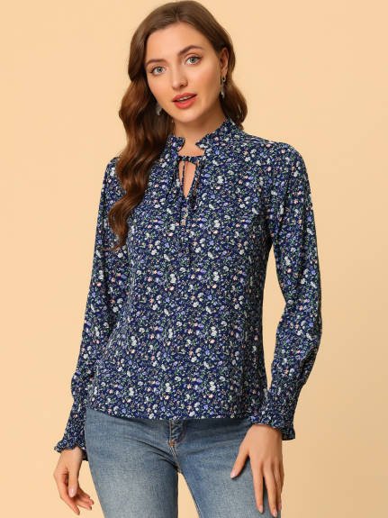 Allegra K- Floral Ruffled Collar Tie Neck Long Sleeve Blouse