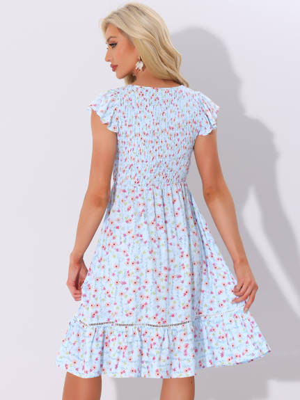 Allegra K - Fit and Flare Floral Midi Smocked Dress