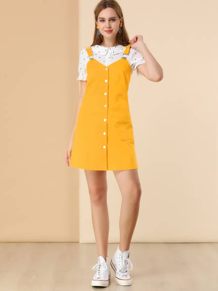 Allegra K- Button Down Adjustable Strap Pinafore Dress with Pockets