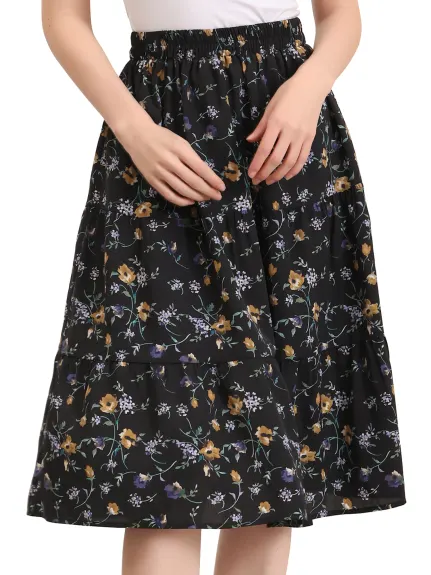 Allegra K- Floral Printed Elastic Waist A-Line Midi Skirt