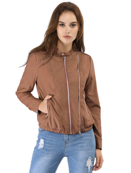 Allegra K- Lightweight Stand Collar Biker Moto Jacket