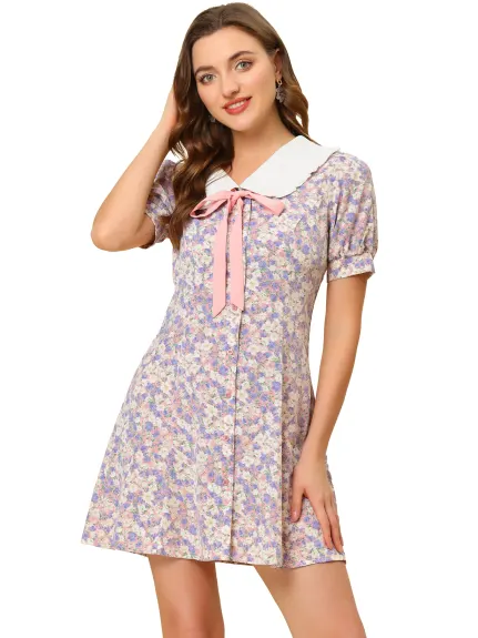 Allegra K- Floral Bow Tie Short Sleeve Shirt Dress