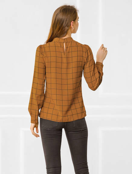 Allegra K- Bow-Tie Neck Blouse Checks Shirt