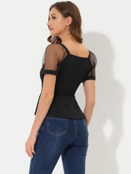 Allegra K - Square Neck Mesh Sheer Sleeve Peplum Top