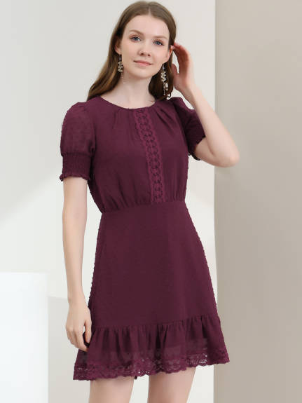 Allegra K- Short Sheer Sleeve Ruffle Hem Swiss Dots Chiffon Dress