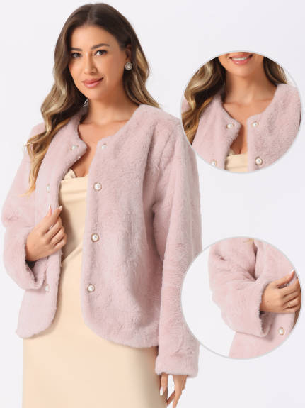 INSPIRE CHIC - Pearl Button Faux Fur Coat Jacket