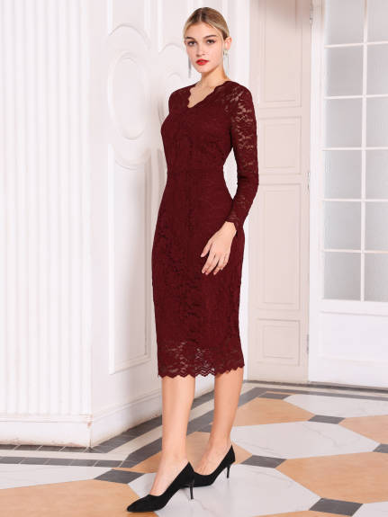 Hobemty - Floral Lace V-Neck Bodycon Dress