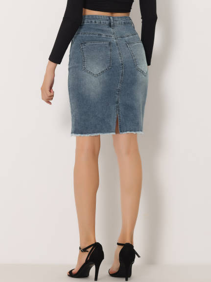 Allegra K- Ripped Hem Washed Midi Denim Skirt