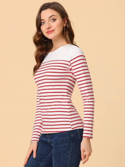 Allegra K- Color Block Long Sleeve Stripe T-Shirt