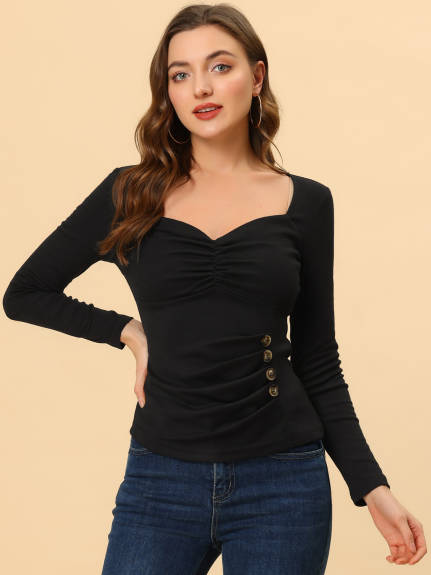 Allegra K - Long Sleeve Ruched Slim Rib Knit Top