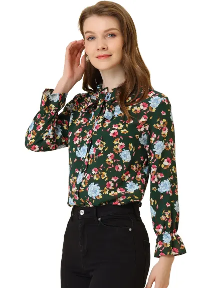 Allegra K- Floral Bow Tie Neck Ruffled Collar Blouse