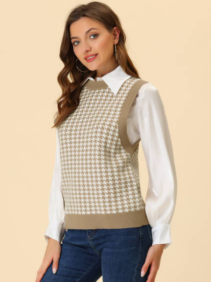 Allegra K- Round Neck Vest Sleeveless Houndstooth Plaid Sweater