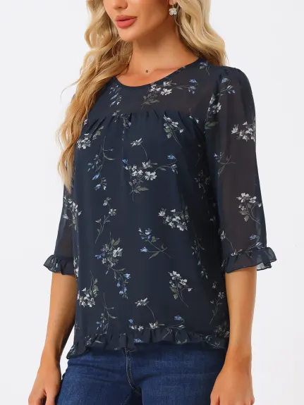 Allegra K- Blouse florale en mousseline à manches 3/4 et à volants