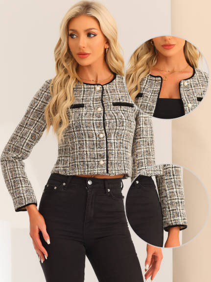 Allegra K- Tweed Plaid Short Jacket