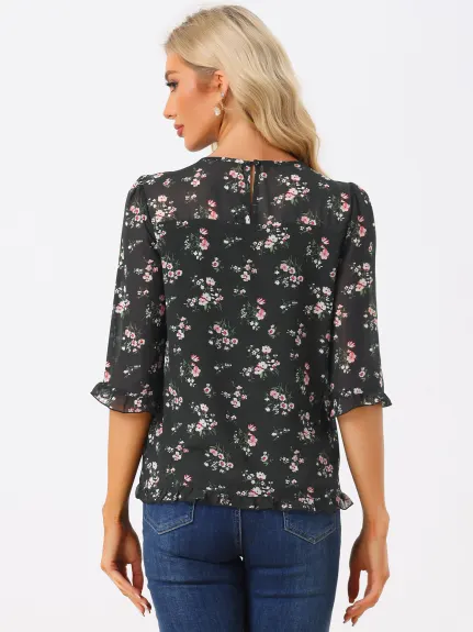 Allegra K- Blouse florale en mousseline à manches 3/4 et à volants