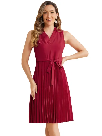 Allegra K - Sleeveless V Neck Tie Waist Pleated Dress