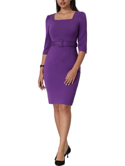 Hobemty- Square Neck Puff Sleeve Belted Pencil Dress