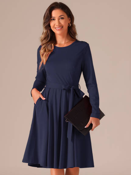 INSPIRE CHIC - Long Sleeve Tie Waist Pleated Business Dress