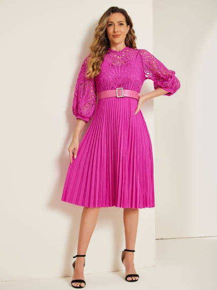 Allegra K- 3/4 Sleeves Belted Pleated Lace Dress