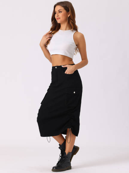 Allegra K- Flap Pocket Back Slit Drawstring Midi Cargo Skirt