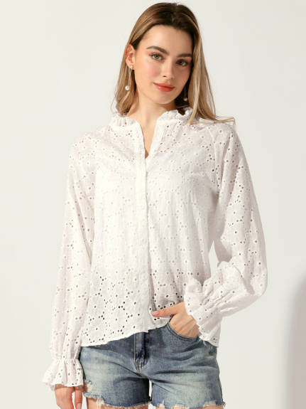 Allegra K- Boho Hollow-Out Ruffled Collar Eyelet Blouse