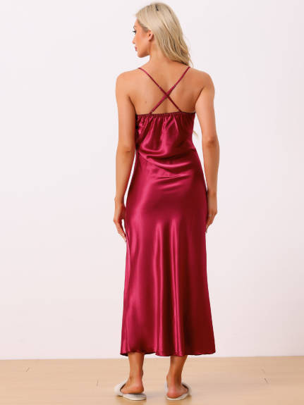 Cheibear - Satin Sleeveless Long Lace Nightgown