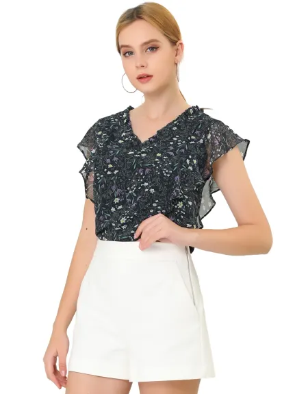 Allegra K- Ruffle Floral Cap Sleeve Top