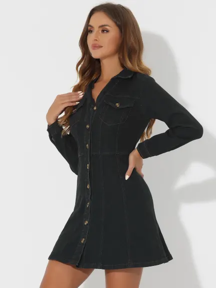 Allegra K- Robe chemise en jean à manches retroussées et col en V