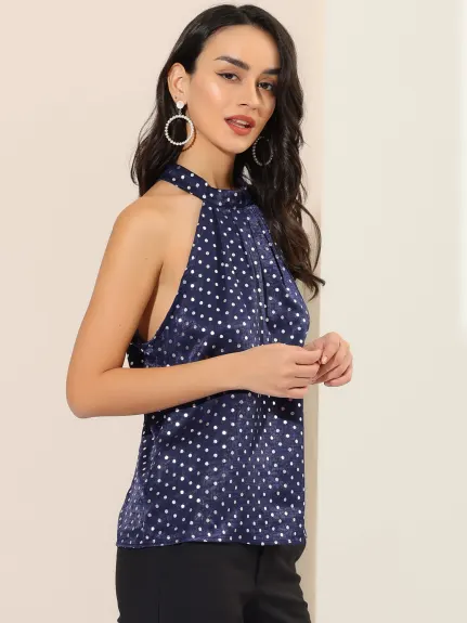 Allegra K - Satin Polka Dots Halter Neck Elegant Top