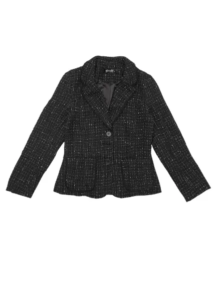 Allegra K- Vestes blazer à revers cranté en tweed à carreaux