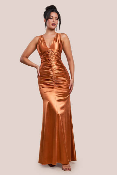 Goddiva - Multi Tied Satin Gathered Ring Maxi Dress