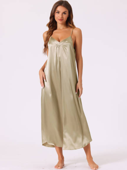 Cheibear - Satin V-Neck Sleeveless Long Nightgown